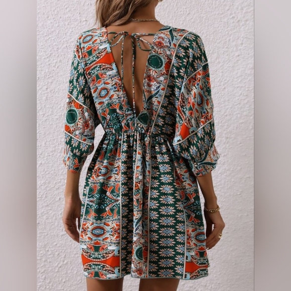 Shein Bohemian Green and Orange Tribal Print Dress | V Neck | Size Medium - Picture 2 of 6